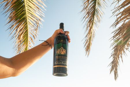 A bottle of Napa Valley Cabernet held up in front of a palm tree